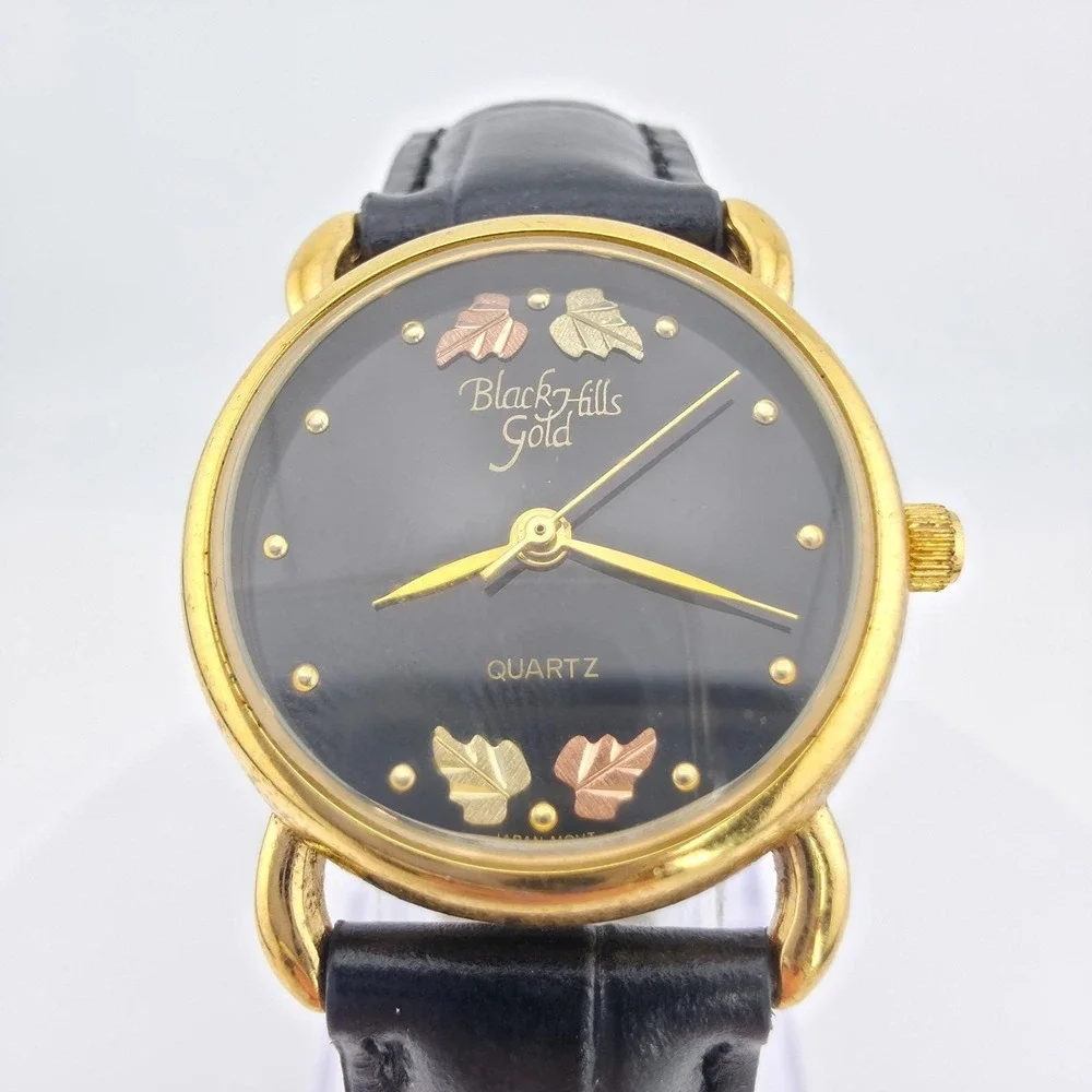 Vtg BLACK HILLS GOLD Ladies Watch 12K Rose & Yellow Gold Leaves Black Band 7.5
